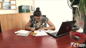 Horny blonde babe plays with her busty secretary wet pussy