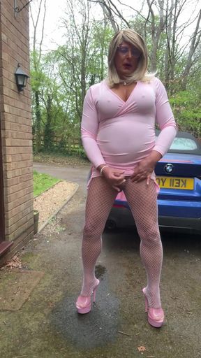 Sexy Crossdresser kellycd2022 in pink dress and white fishnet pantyhose   Clip 2