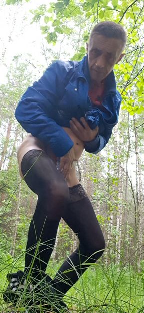 Walk in the woods stockings thong licking cum