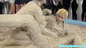 European hotties enjoy wrestling in mud