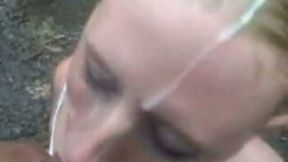 Trashy whore with flat tits gives me a head in the wood and gets huge facial cumshot