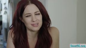 In the couch, big boobs milf Jessica Ryan talks to her petite stepdaughter Charly Summer but they get horny and begin kissing and tit sucking.