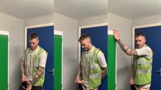 Watch this hot jock stroking his tattooed friend at work