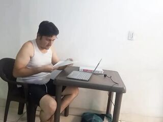 Colombian stepbrother studies on laptop during the time that Venezuelan stepsister gives him a head, scoops out his milk and swallows it