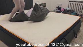 Nastya in white tights, and different shoes (heels, dirty street sneakers) and even barefoot - jumping on pillows and a white mattress, leaving traces, dirt, jumping, dominance
