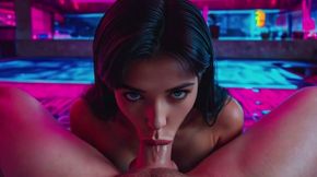 Billie's Blue Eyes Stare While Giving A Neon Blowjob