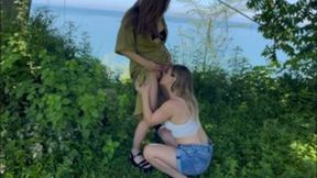 Risky outside lesbian eating hairy pussy