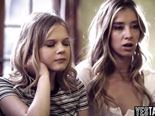 Petite teen students enticed and convinced to have a 3some with their therapist