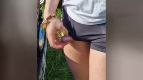 Tranny tramp wets her tight shorts in public German humiliation