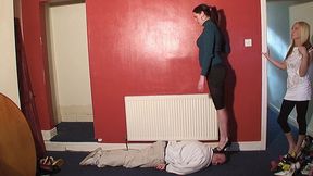 2 Girls Take Turns Stepping On His Head For Over 10 Minutes In Lots Of Shoes