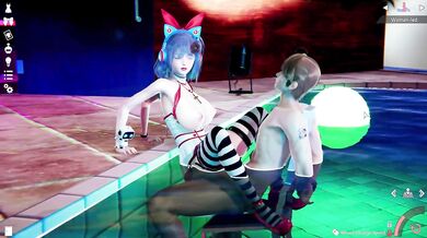 Honey Select 2:Passionate sex with huge tits at the pool at night