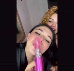 Sloppy gagging 2 girl blow job on dildo. Sexy latinas need your dick!