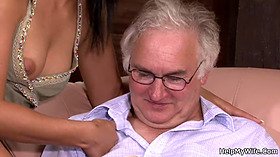 Brunette wife cuckolds her old hubby