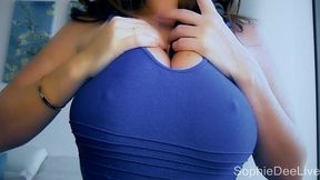 sultry british brunette sophie dee drizzles lotion all over her tits!