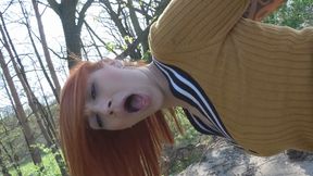 Smoking hot redhead rides big fat dong in the woods