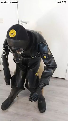 Breath play in heavy rubber Viking drysuit dry diving suit, latex gasmask, neoprene hood