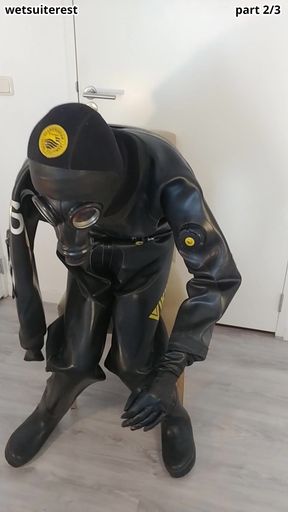 Breath play in heavy rubber Viking drysuit dry diving suit, latex gasmask, neoprene hood