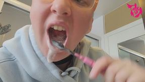 Back to basics teeth brushing with lots of spit drool and foam