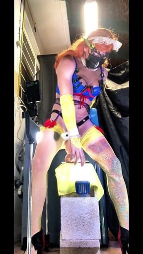 TS Shemale Beauty Blue Panties Stocking Outside Riding Big Green Dildo