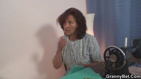 Sewing old granny swallows customer's cock