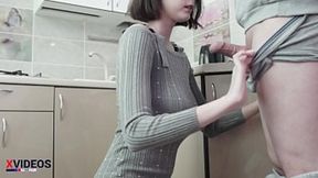 Blow-job in the kitchen turns into nasty anal&#x1F44C; and messy cum facial on a petite cutie.