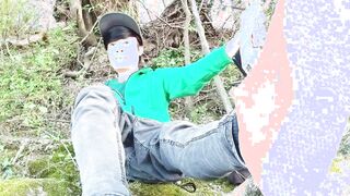 Risky getting off outdoors a dudes voice caught this ultra-cute queer lad with his pouch draping out, wanking off his uncircumcised foreskin, his bunghole uncovered