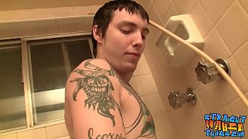 Thug with tattoos stroking his big dick in bathroom