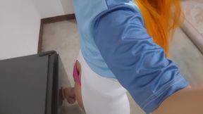 Cute Trans Gwen Tennyson in Thong getting Anal Fucked through her Torn Leggings by Big Dildo