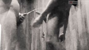 A boy is discussing with his horny stepdad in the pool's public showers when daddy suddenly pees on him