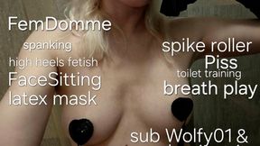 Breath play FemDomme session with latex mask, spike rolling, Piss, spanking, Facesitting, high heels and Foot fetish with Mistress GospodaricaEmma and Her sub Wolfy01