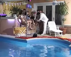 4 scorching German babes get serviced by 3 gigantic dicks amidst poolside debauchery