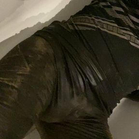 Trans girl pissing on muddy wet look leggings. Mud, pee fun