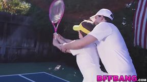 Brunette tennis babes fed jizz POV after hardcore foursome
