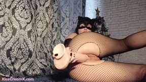 Sexy Brunette In Stockings Fucks Herself With A Huge Dildo