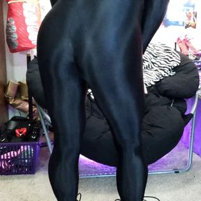 Vickie Wonder in Shiny Black Nylon Catsuit