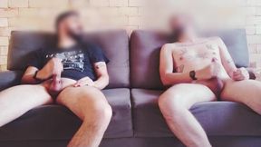 Two Guys Jerking Off Together Big Dick and Moans With Pleasure Cum