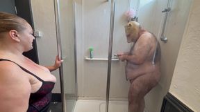 Domina Satana and Satana's Piggy in the Shower.