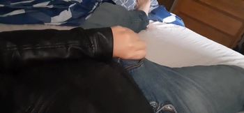 Collared fag cums on leather jacket