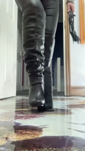 Leather clad Biker bitch humiliates and stomps on your cock