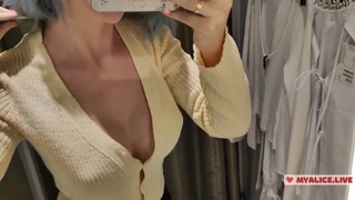 Trying on translucent sexy clothes in a shopping center. Look at me in the fitting room and jerk off