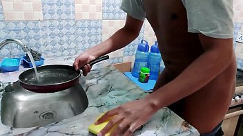 Young Naked Slut Washing Dishes