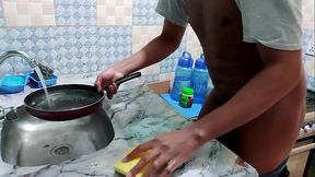 Young Naked Slut Washing Dishes