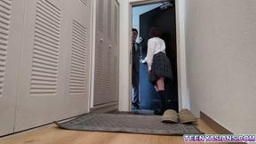 Tiny Japanese student Mai Kusunoki rides her Sensei big hard cock