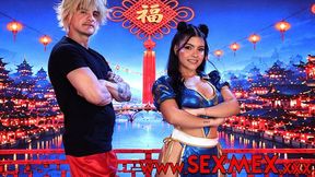 Street Fighter Camila Henao pops her tits out of the blue costume and takes cock