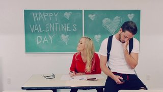 A blonde with large tits is fucked in the classroom hard