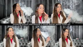 Smoking Dunhill international in white leather jacket close up!