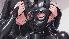 Kerry and Vicky Latex Gas Mask Lesbian Breath Play – Rebreather Bag, Inflatable Hood, Rubber Encasement