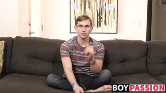Blond twink with glasses gives interview before solo masturbation