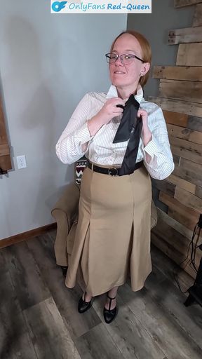 Classy Redhead 50S Secretary or Teacher Outfit Dressing From Girdle and Stockings - Heels, Dress, Blouse, and No Panties