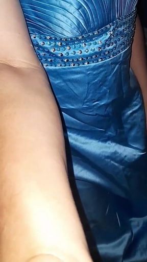 Crossdresser Masturbate and Cum Wearing Satin Blue Bridal Gown